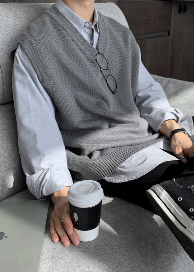 Simple Grey V Neck Cozy Knit Mens Vest Sleeveless