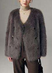 Simple Grey V Neck Double Breast Faux Fox Fur Jackets Winter