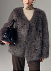 Simple Grey V Neck Double Breast Faux Fox Fur Jackets Winter