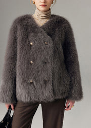 Simple Grey V Neck Double Breast Faux Fox Fur Jackets Winter