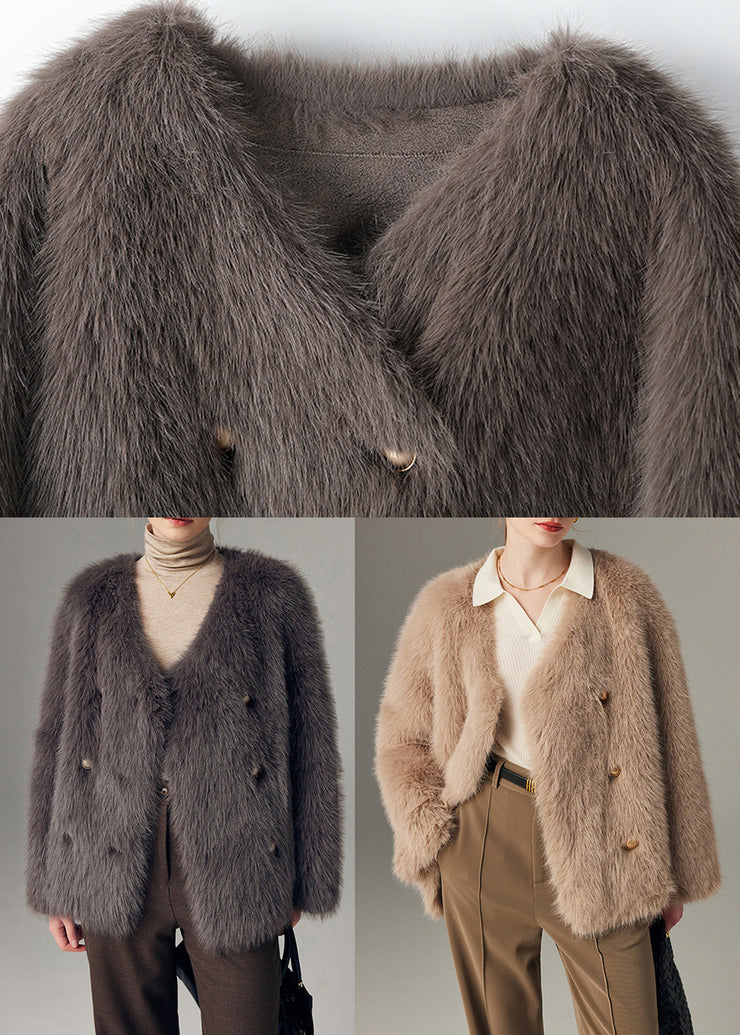 Simple Grey V Neck Double Breast Faux Fox Fur Jackets Winter