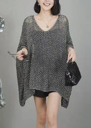 Simple Grey V Neck Hollow Out Knit T Shirts Batwing Sleeve