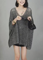 Simple Grey V Neck Hollow Out Knit T Shirts Batwing Sleeve