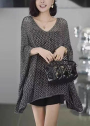 Simple Grey V Neck Hollow Out Knit T Shirts Batwing Sleeve