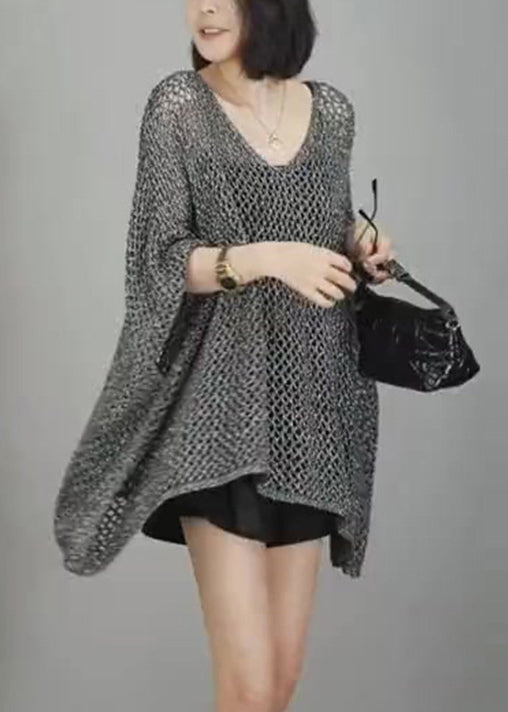 Simple Grey V Neck Hollow Out Knit T Shirts Batwing Sleeve