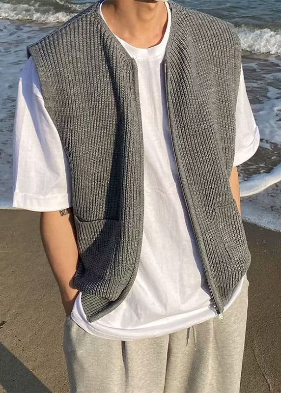 Simple Grey Zip Up Pockets Solid Knit Men Waistcoat Sleeveless