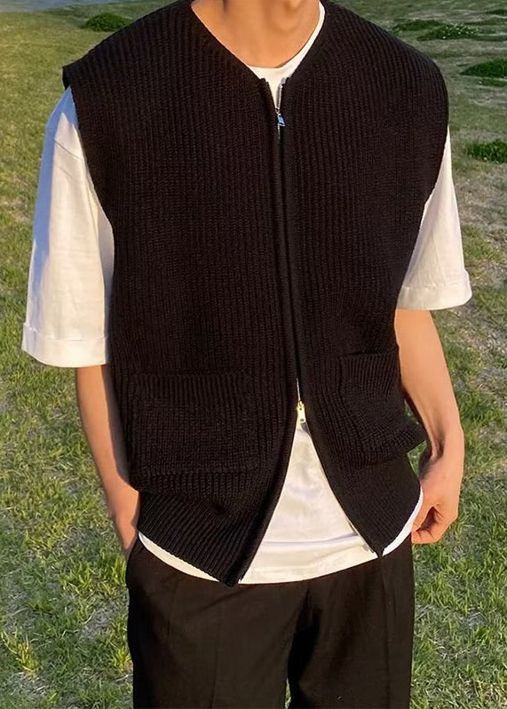 Simple Grey Zip Up Pockets Solid Knit Men Waistcoat Sleeveless