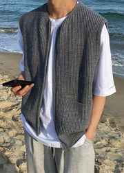 Simple Grey Zip Up Pockets Solid Knit Men Waistcoat Sleeveless
