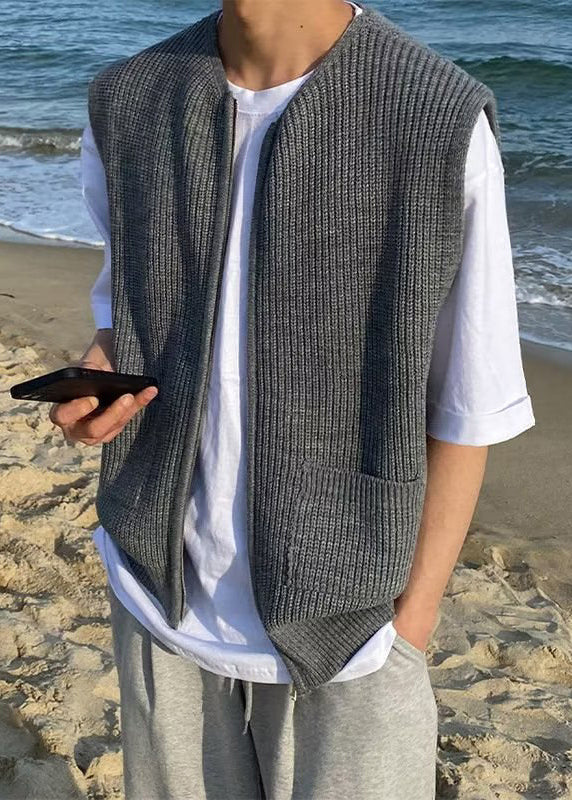 Simple Grey Zip Up Pockets Solid Knit Men Waistcoat Sleeveless