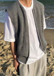 Simple Grey Zip Up Pockets Solid Knit Men Waistcoat Sleeveless