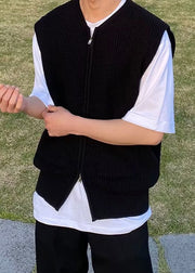 Simple Grey Zip Up Pockets Solid Knit Men Waistcoat Sleeveless