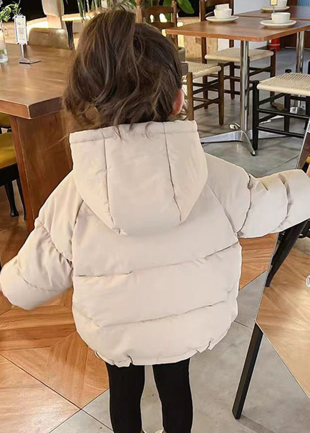 Simple Khaki Hooded Pockets Cotton Filled Girls Coats Long Sleeve