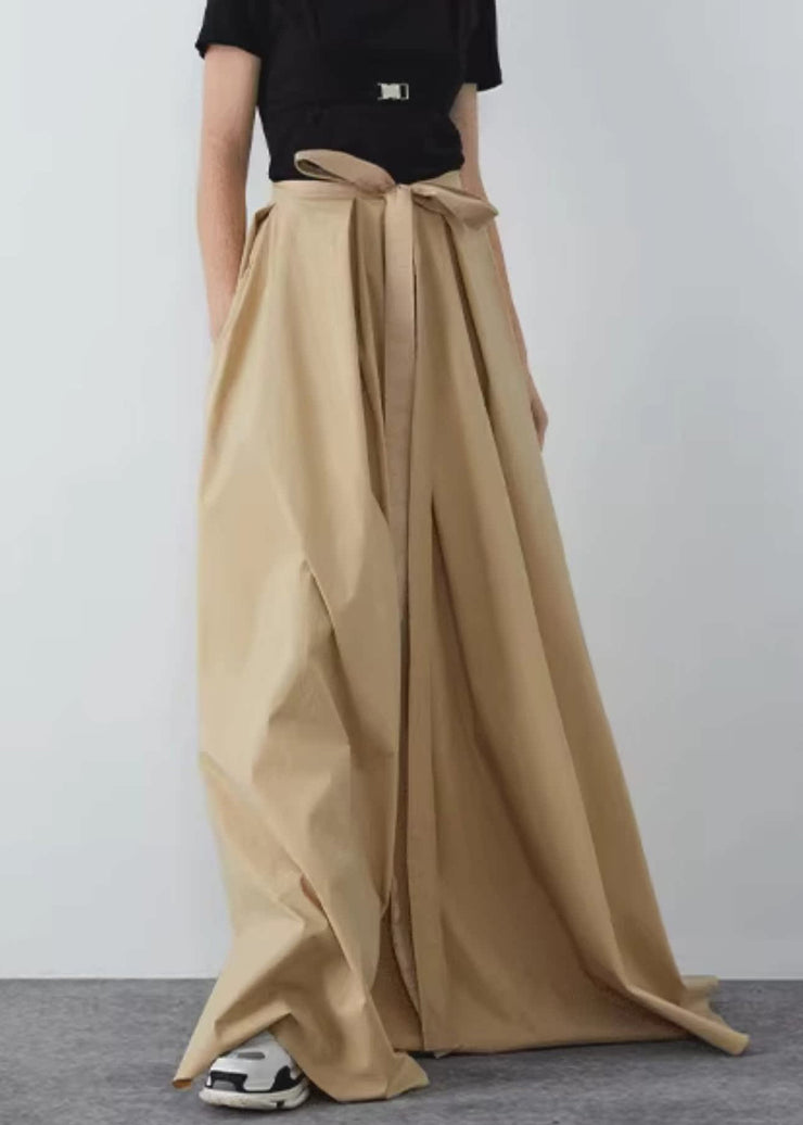 Simple Khaki Lace Up Pockets High Waist Cotton Skirts