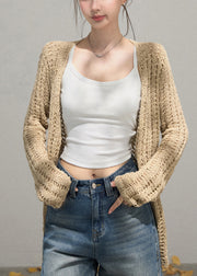 Simple Khaki Oversized Hollow Out Knit Cardigans Fall