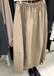 Simple Khaki Pockets Elastic Waist Cotton Skirts Fall