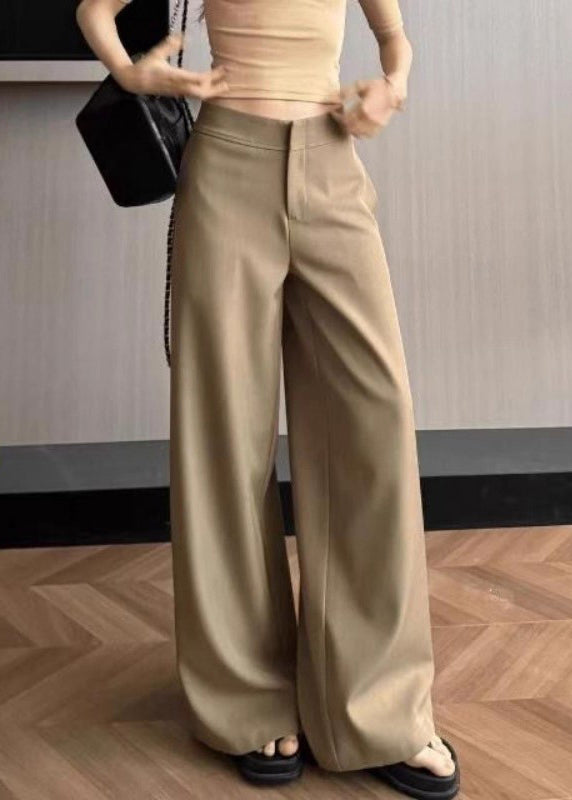 Simple Khaki Pockets Solid High Waist Spandex Pants Summer