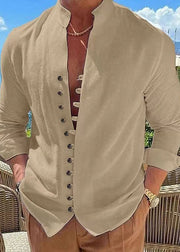 Simple Khaki Stand Collar Button Solid Cotton Men's Shirts Fall