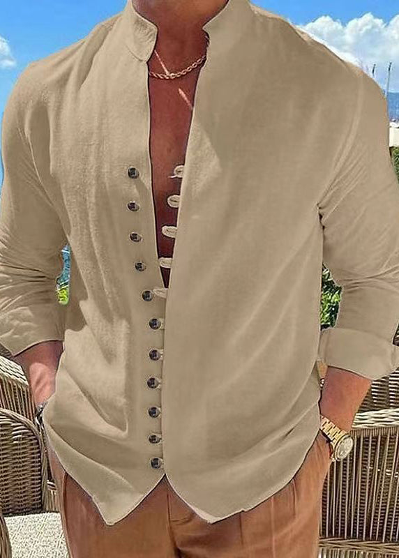 Simple Khaki Stand Collar Button Solid Cotton Men&