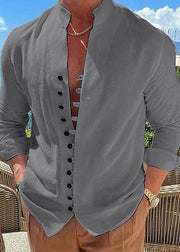 Simple Khaki Stand Collar Button Solid Cotton Men's Shirts Fall