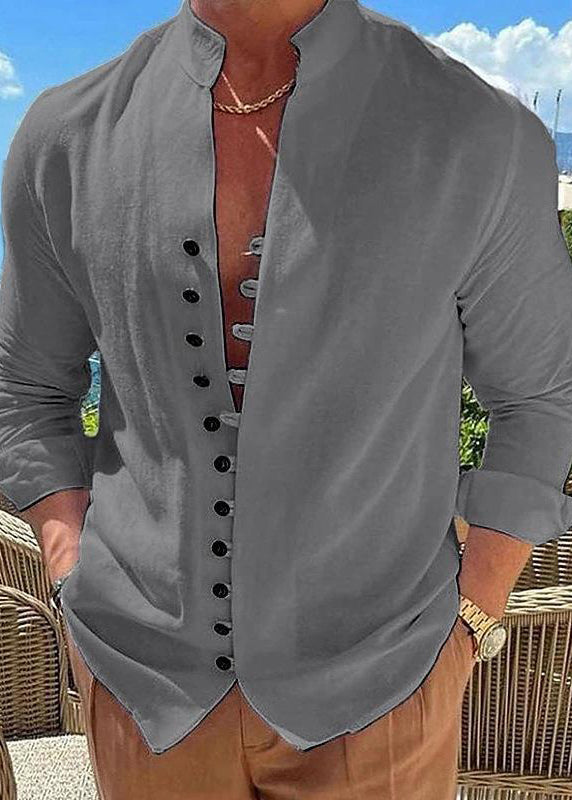Simple Khaki Stand Collar Button Solid Cotton Men&