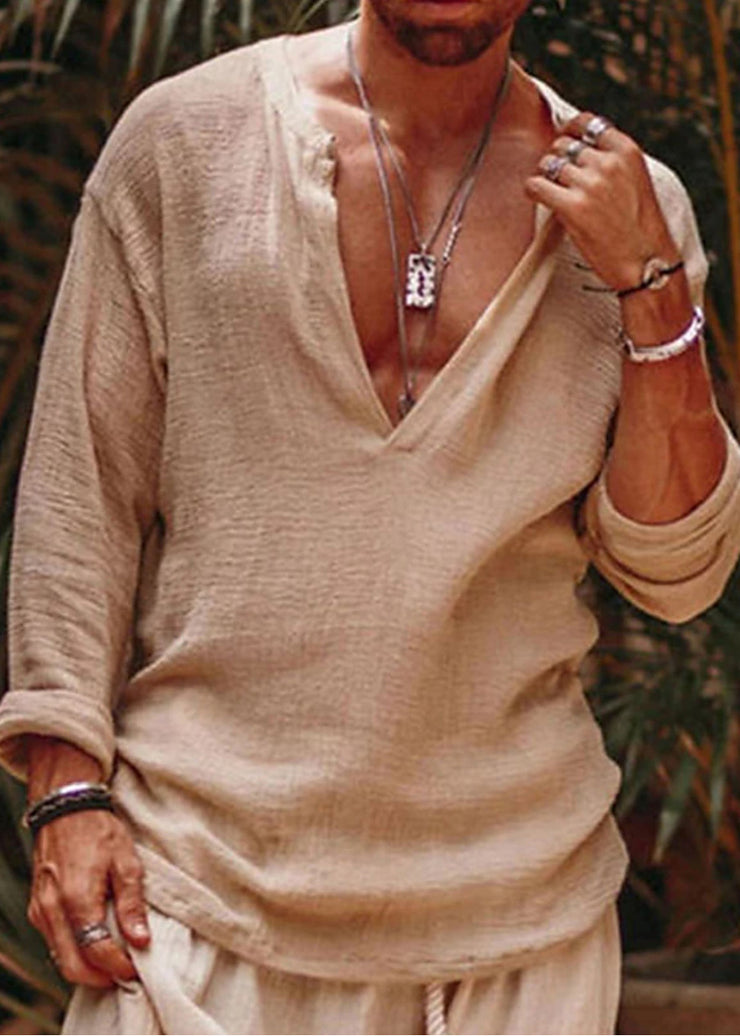 Simple Khaki V Neck Solid Loose Linen Mens Shirts Fall