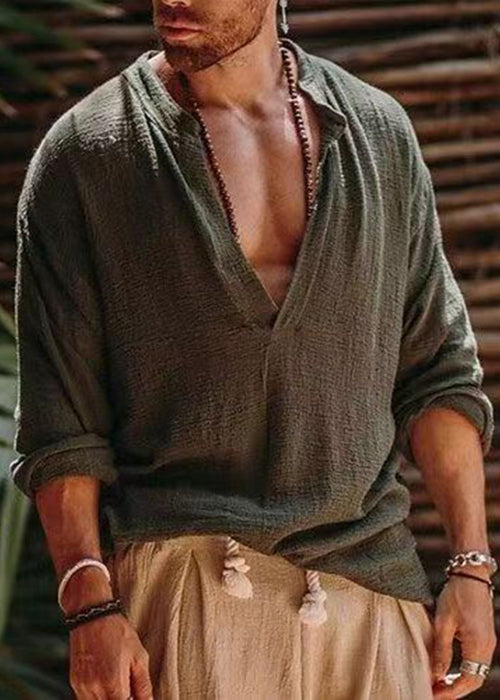Simple Khaki V Neck Solid Loose Linen Mens Shirts Fall