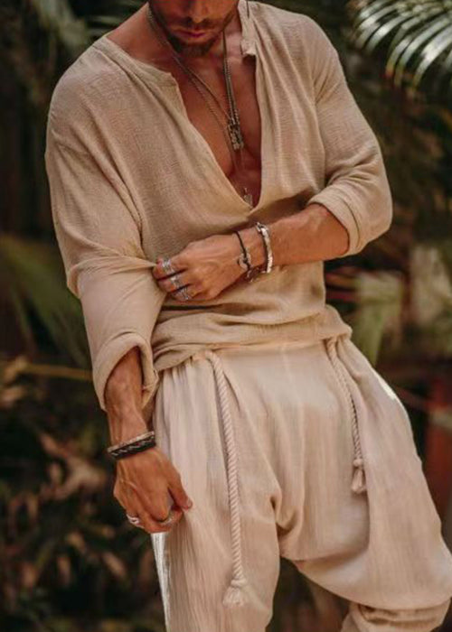 Simple Khaki V Neck Solid Loose Linen Mens Shirts Fall