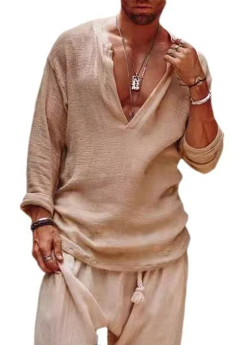 Simple Khaki V Neck Solid Loose Linen Mens Shirts Fall