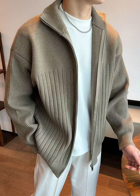 Simple Khaki Zip Up Cozy Knit Mens Coats Spring