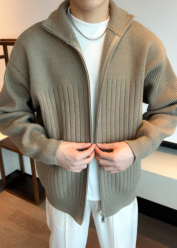 Simple Khaki Zip Up Cozy Knit Mens Coats Spring