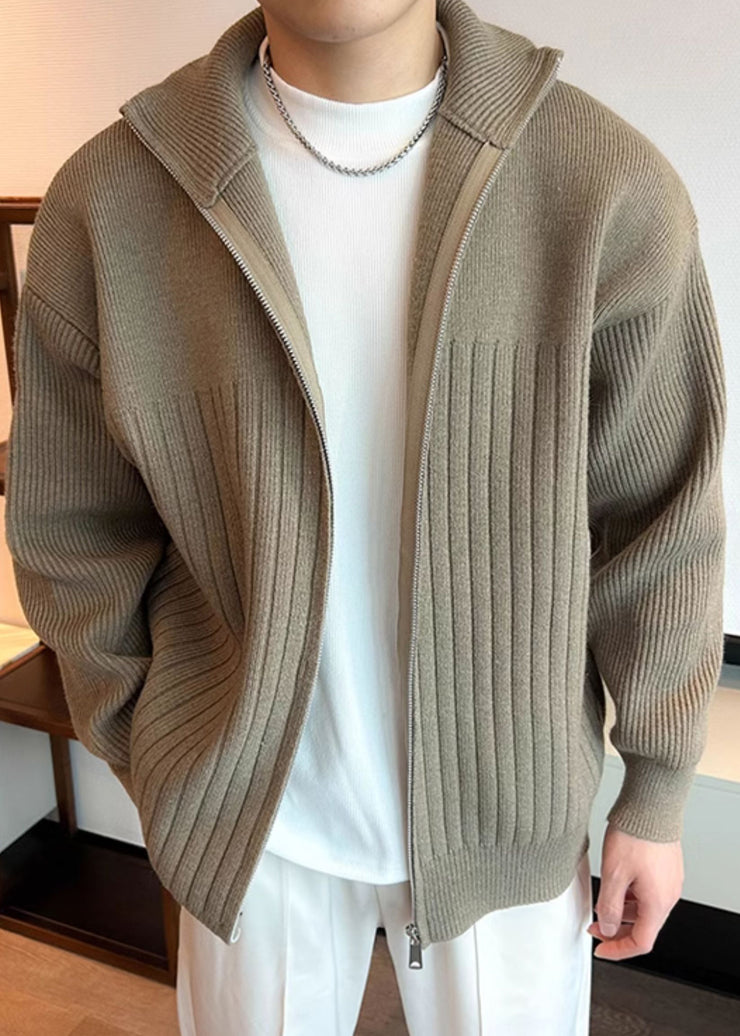 Simple Khaki Zip Up Cozy Knit Mens Coats Spring