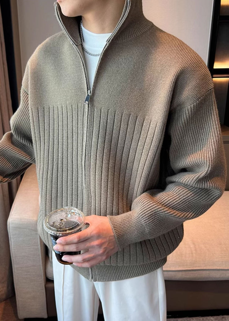 Simple Khaki Zip Up Cozy Knit Mens Coats Spring