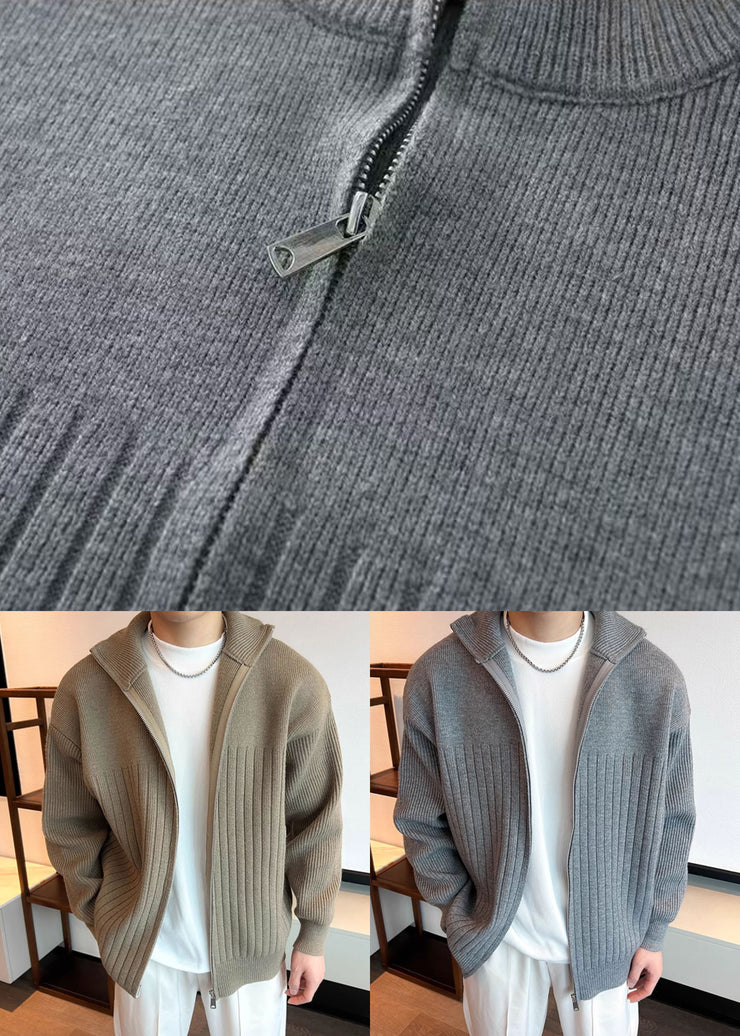 Simple Khaki Zip Up Cozy Knit Mens Coats Spring