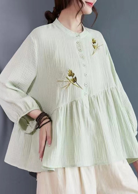 Simple Light Green Embroidered Patchwork Cotton Tops Bracelet Sleeve
