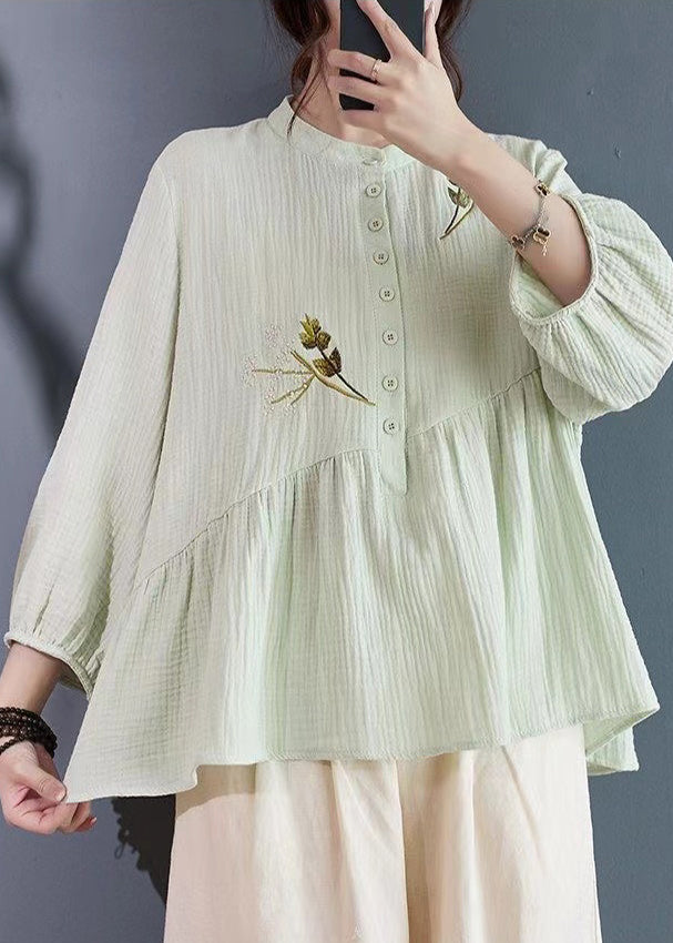 Simple Light Green Embroidered Patchwork Cotton Tops Bracelet Sleeve