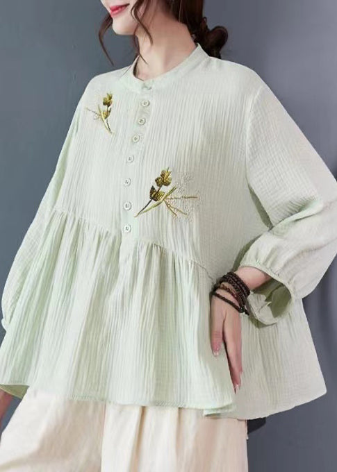 Simple Light Green Embroidered Patchwork Cotton Tops Bracelet Sleeve