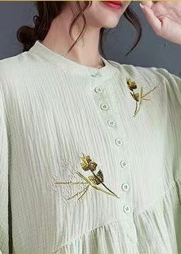Simple Light Green Embroidered Patchwork Cotton Tops Bracelet Sleeve