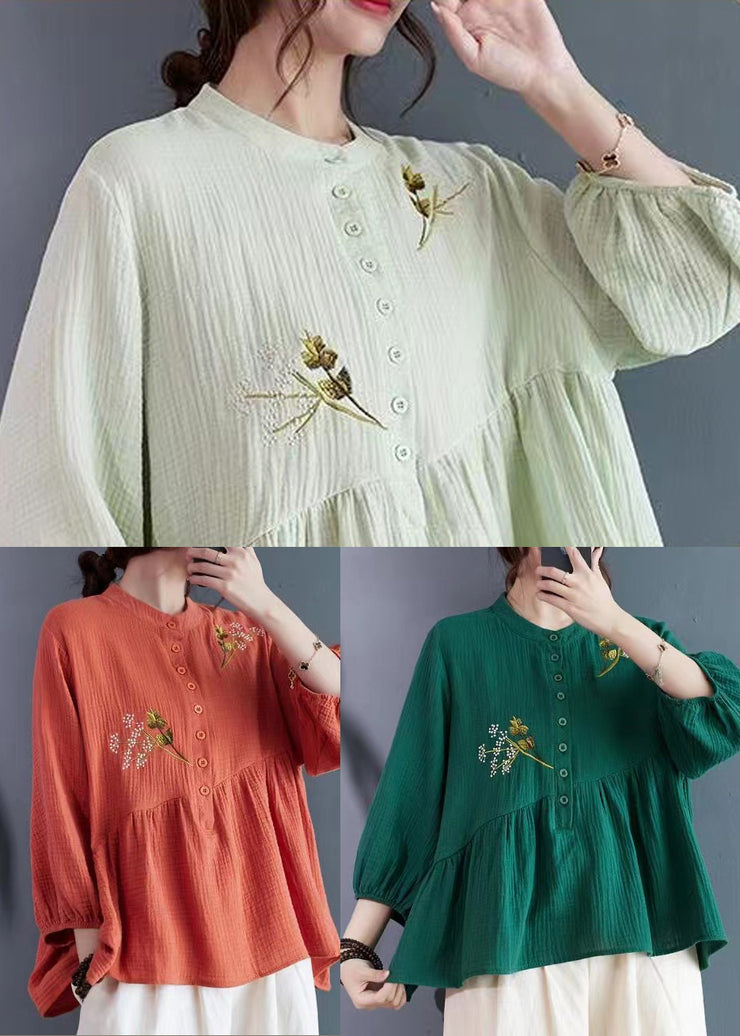 Simple Light Green Embroidered Patchwork Cotton Tops Bracelet Sleeve