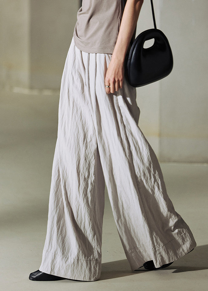 Simple Light Grey Pockets Elastic Waist Cotton Straight Pants Summer