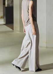 Simple Light Grey Pockets Elastic Waist Cotton Straight Pants Summer