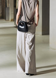 Simple Light Grey Pockets Elastic Waist Cotton Straight Pants Summer