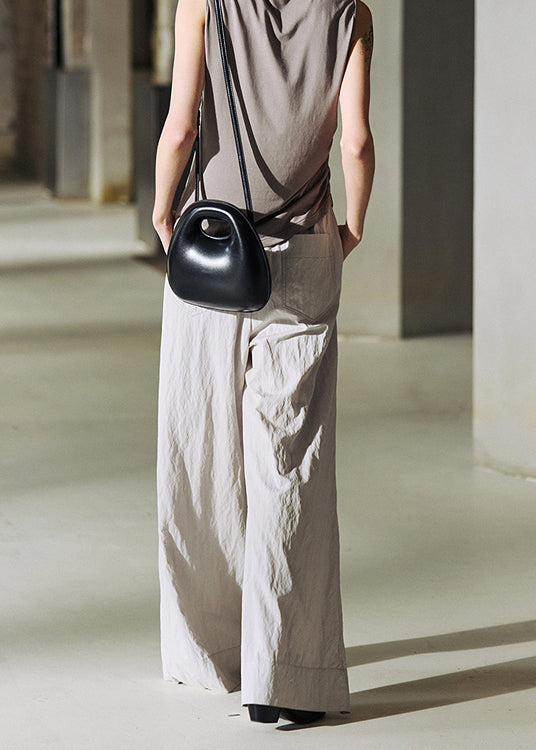 Simple Light Grey Pockets Elastic Waist Cotton Straight Pants Summer