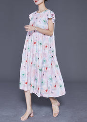 Simple Light Pink Print Patchwork Wrinkled Cotton Holiday Dress Summer