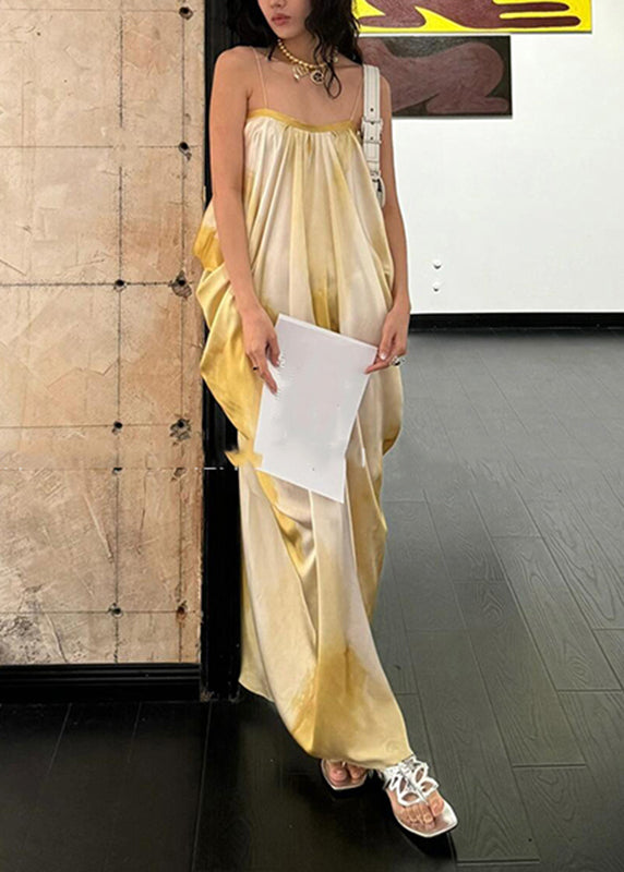 Simple Light Yellow Tie Dye Long Spaghetti Strap Dress Summe