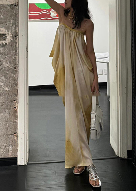 Simple Light Yellow Tie Dye Long Spaghetti Strap Dress Summe