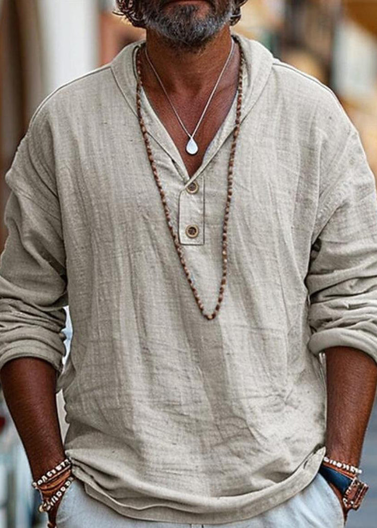 Simple Linen Button Solid Cotton Oversized Men T Shirts Fall
