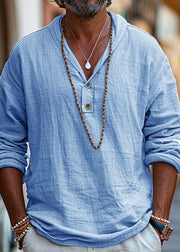 Simple Linen Button Solid Cotton Oversized Men T Shirts Fall