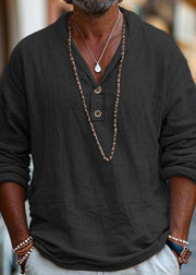Simple Linen Button Solid Cotton Oversized Men T Shirts Fall