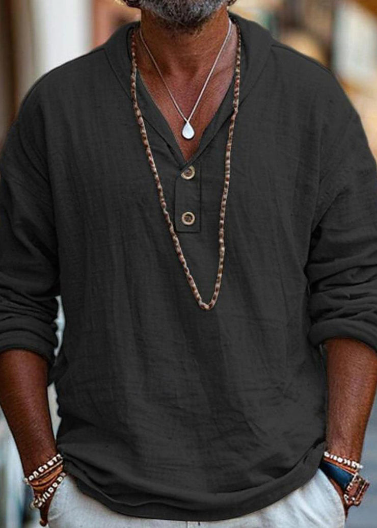 Simple Linen Button Solid Cotton Oversized Men T Shirts Fall