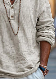 Simple Linen Button Solid Cotton Oversized Men T Shirts Fall